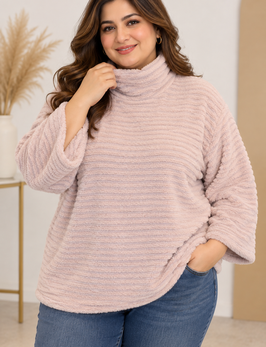  F&F women’s blush pink fluffy turtleneck jumper in UK Size XL. Soft, cosy and stylish with a relaxed fit, perfect for autumn and winter wear.
