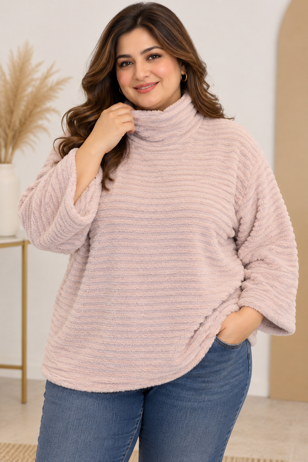  F&F women’s blush pink fluffy turtleneck jumper in UK Size XL. Soft, cosy and stylish with a relaxed fit, perfect for autumn and winter wear.