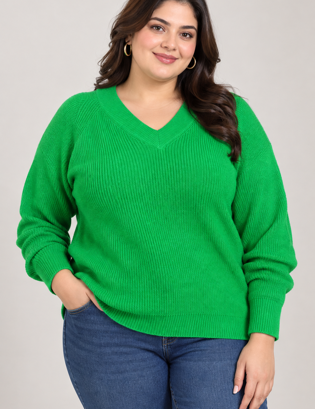  F&F women’s bright green ribbed V-neck knitted jumper in UK XL. Stylish long-sleeve sweater with a comfortable relaxed fit, perfect for casual everyday wear.