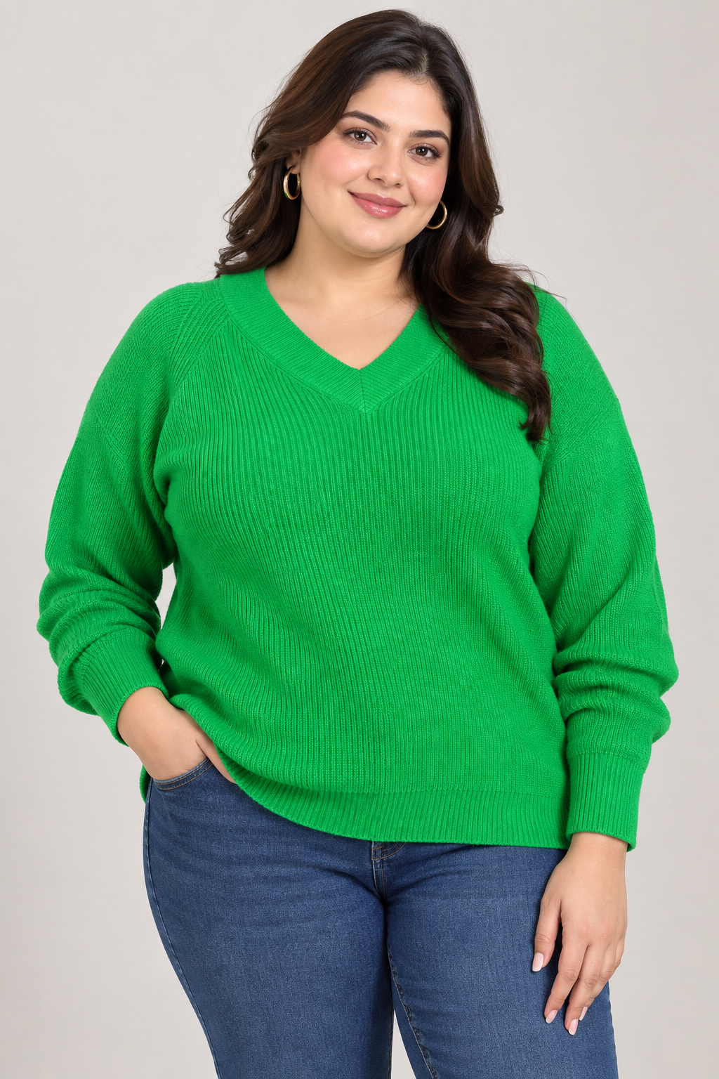  F&F women’s bright green ribbed V-neck knitted jumper in UK XL. Stylish long-sleeve sweater with a comfortable relaxed fit, perfect for casual everyday wear.