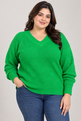F&F Women Bright Green Ribbed V-Neck Knitted Jumper Sweater