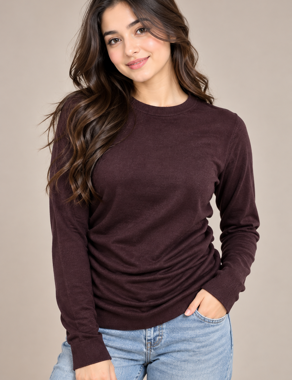F&F women’s burgundy crew neck jumper in UK Size S. A stylish long-sleeve everyday top, perfect for casual wear and layering.