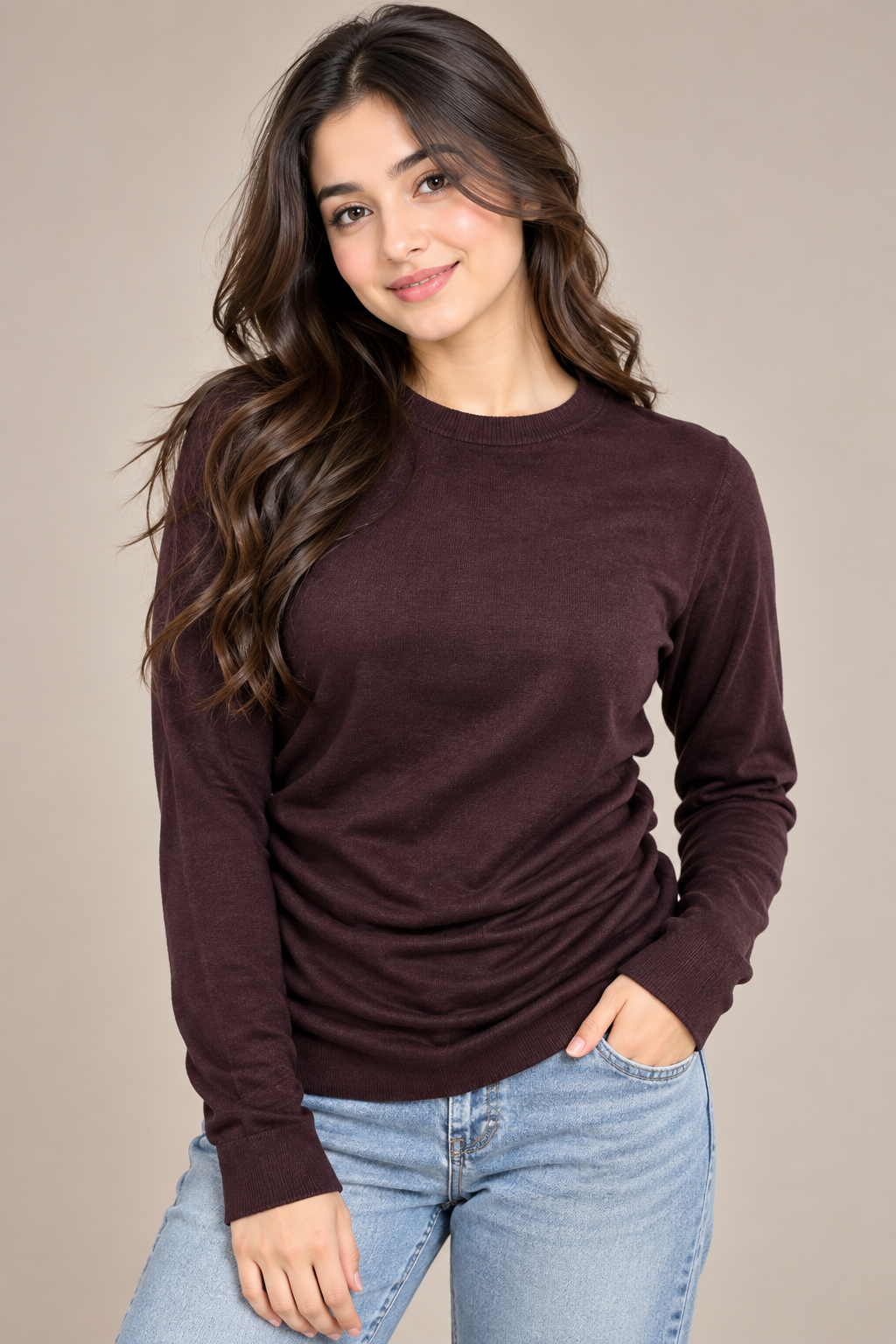 F&F women’s burgundy crew neck jumper in UK Size S. A stylish long-sleeve everyday top, perfect for casual wear and layering.