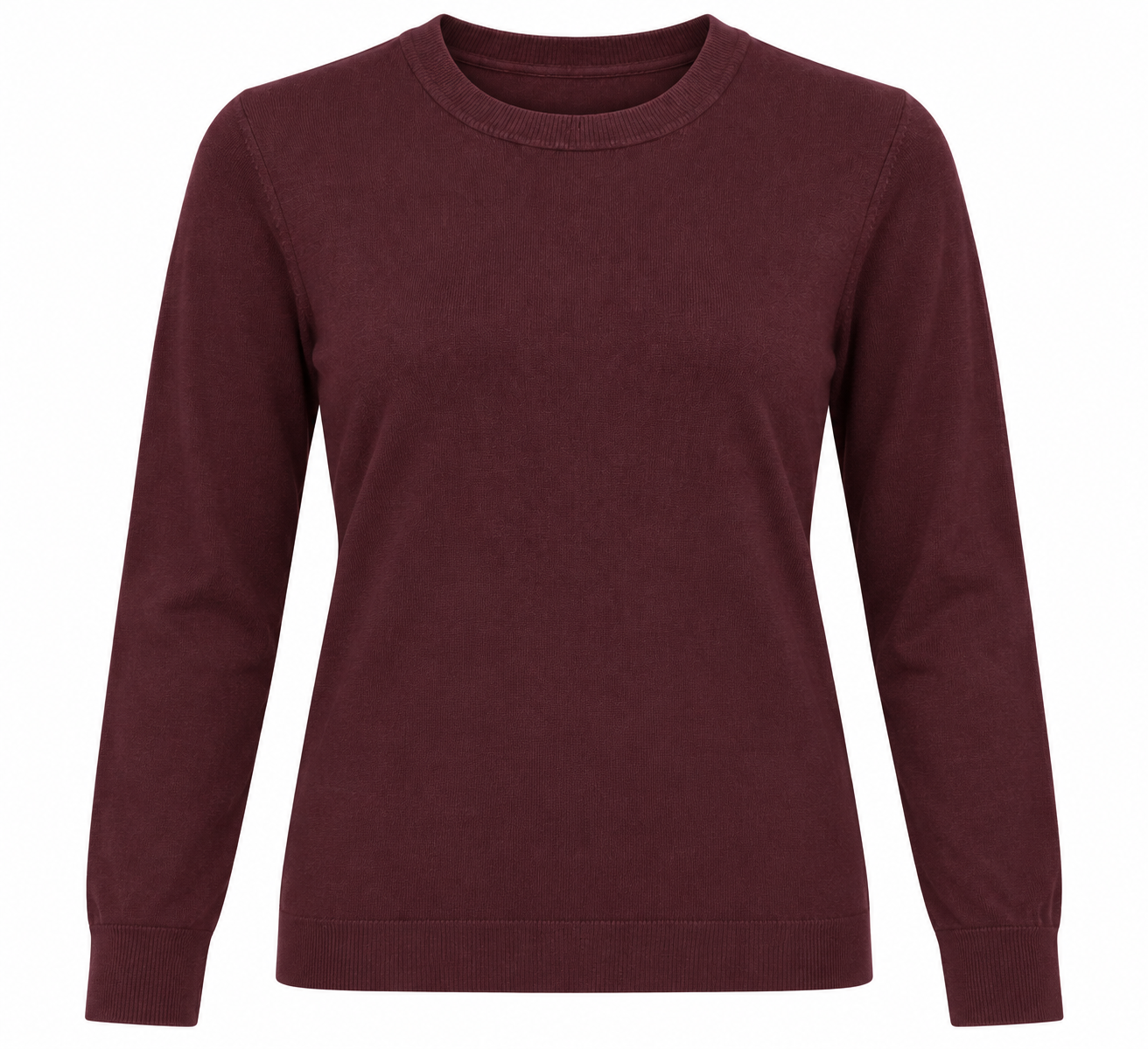 F&F women’s burgundy crew neck jumper in UK Size S. A stylish long-sleeve everyday top, perfect for casual wear and layering.