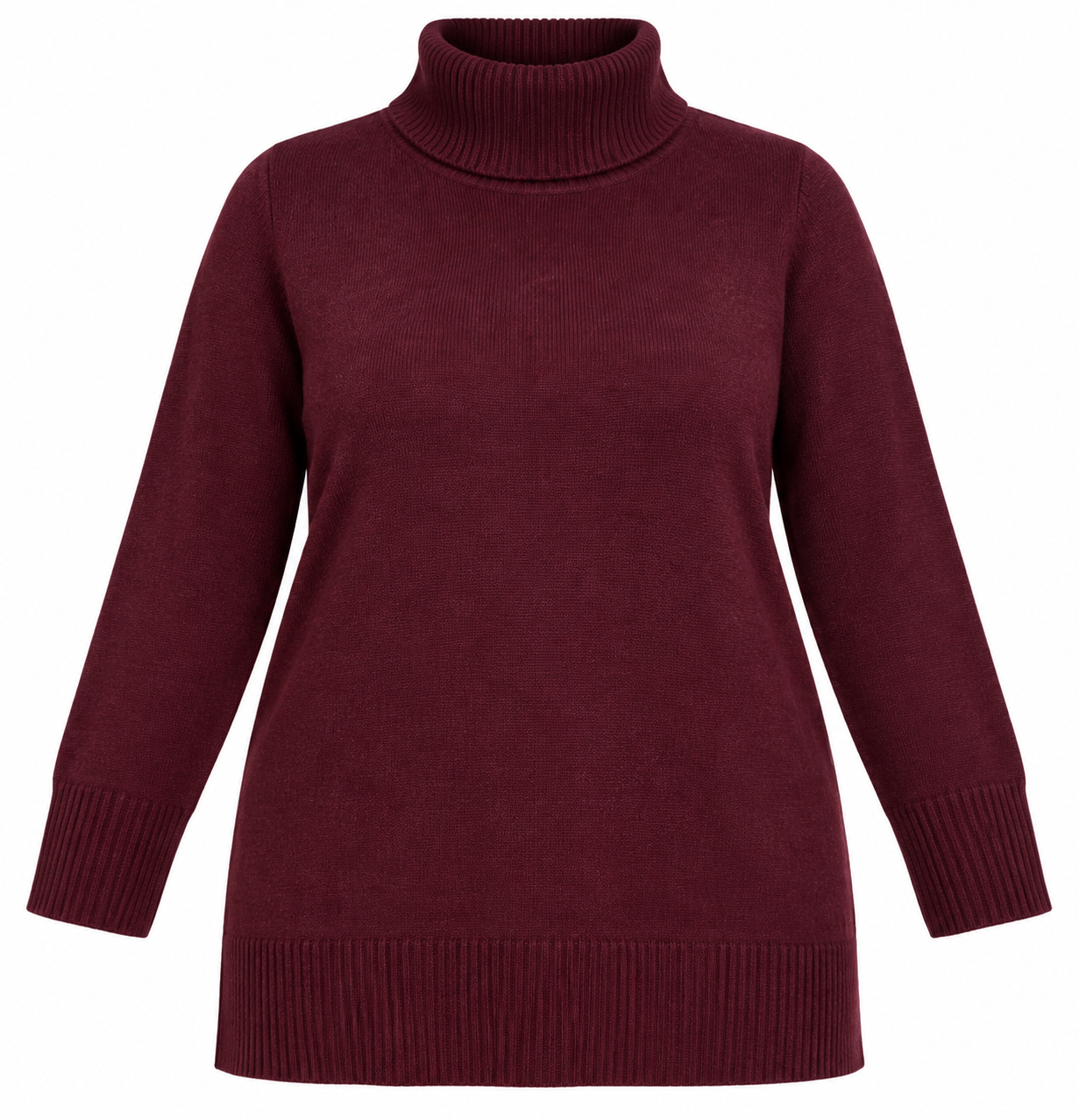 F&F women’s burgundy turtleneck knitted jumper in UK Size XL. Cosy long-sleeve knit with ribbed cuffs and hem, perfect for autumn and winter.