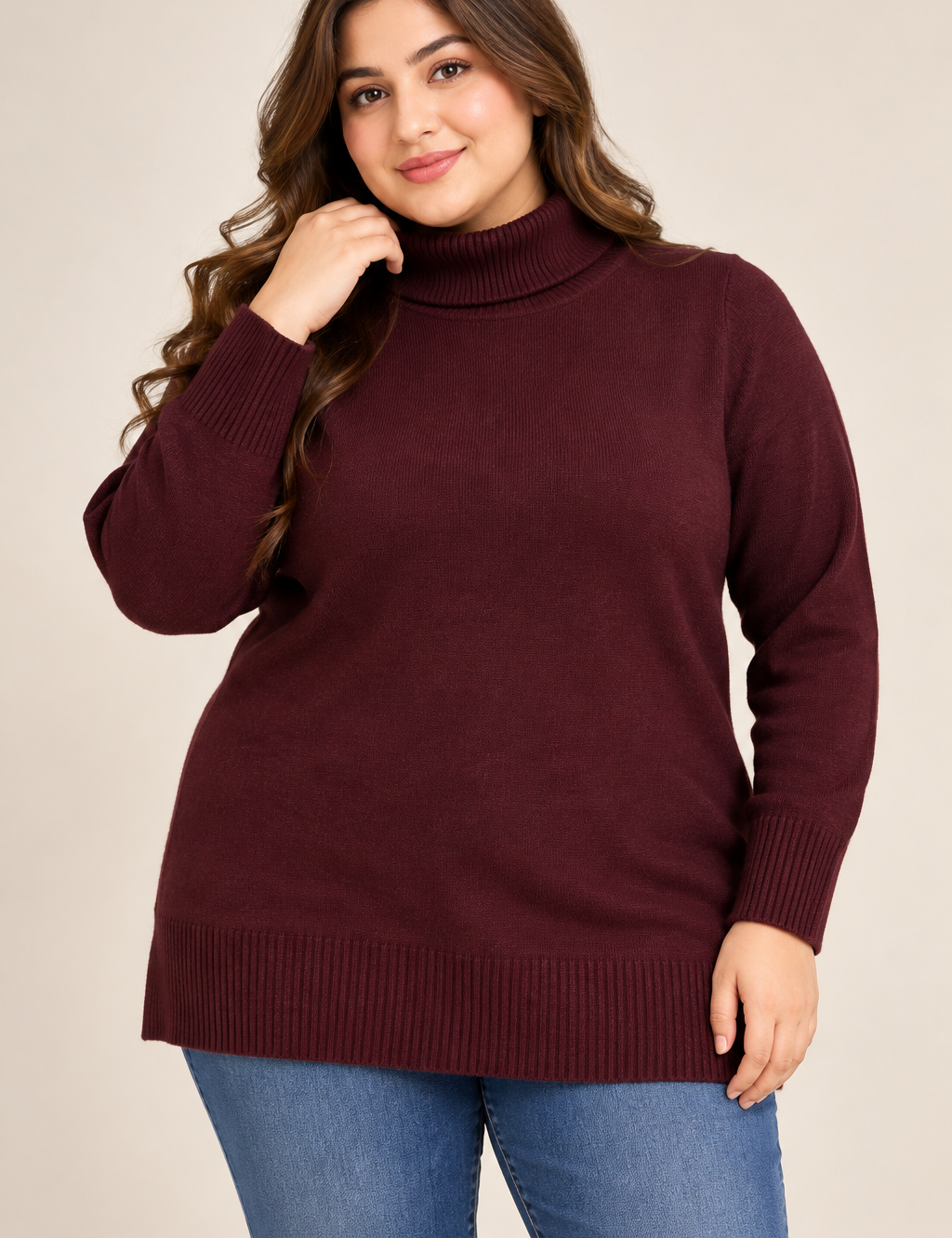 F&F women’s burgundy turtleneck knitted jumper in UK Size XL. Cosy long-sleeve knit with ribbed cuffs and hem, perfect for autumn and winter.