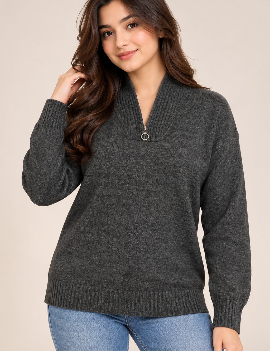 F&F Women’s Charcoal Grey Half-Zip Knit Jumper in UK Size L. A comfortable long-sleeve knitted jumper with ribbed collar, cuffs and hem.