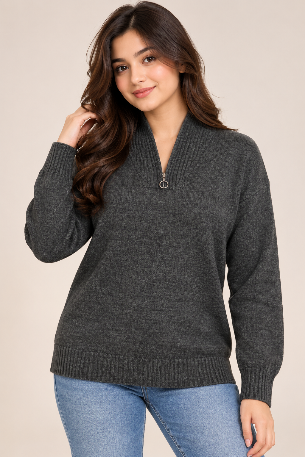 F&F Women’s Charcoal Grey Half-Zip Knit Jumper in UK Size L. A comfortable long-sleeve knitted jumper with ribbed collar, cuffs and hem.