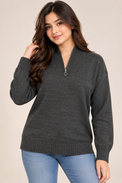 F&F Women’s Charcoal Grey Half-Zip Knit Jumper in UK Size L. A comfortable long-sleeve knitted jumper with ribbed collar, cuffs and hem.
