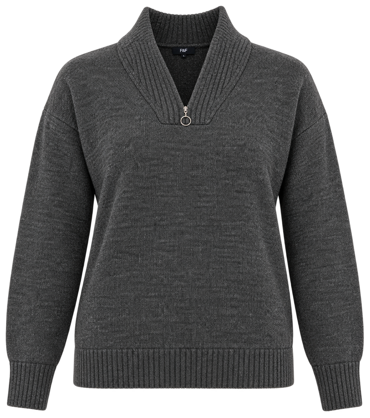 F&F Women’s Charcoal Grey Half-Zip Knit Jumper in UK Size L. A comfortable long-sleeve knitted jumper with ribbed collar, cuffs and hem.