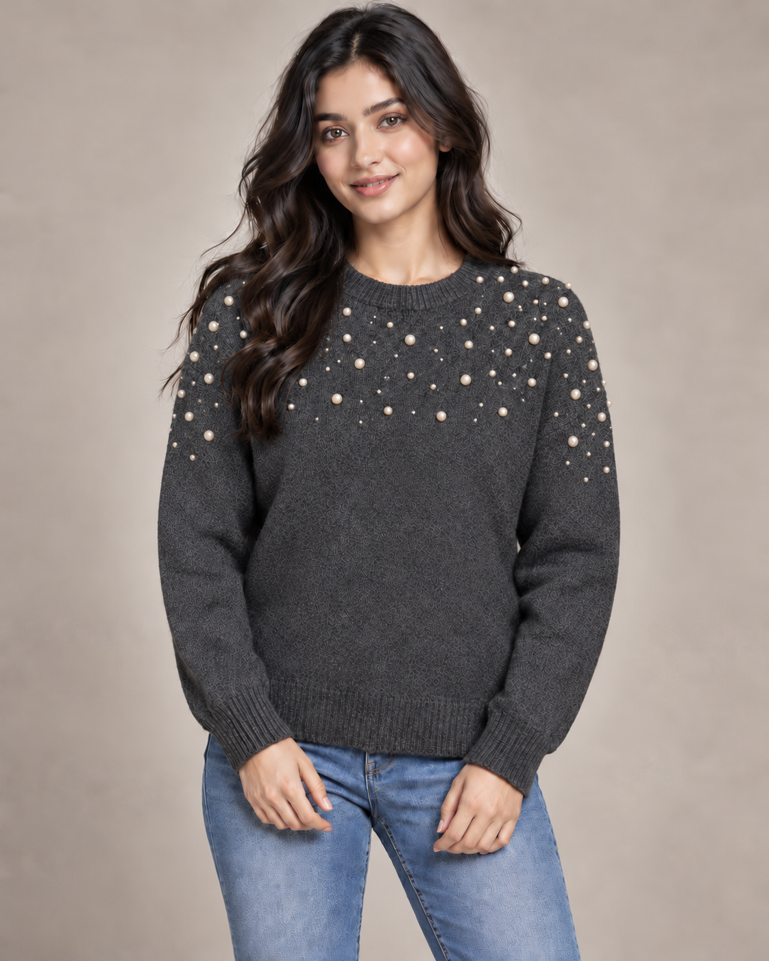  this F&F charcoal grey pearl embellished knit jumper in UK Size S. A soft, stylish long-sleeve sweater with elegant upper-chest detailing.