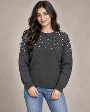  this F&F charcoal grey pearl embellished knit jumper in UK Size S. A soft, stylish long-sleeve sweater with elegant upper-chest detailing.
