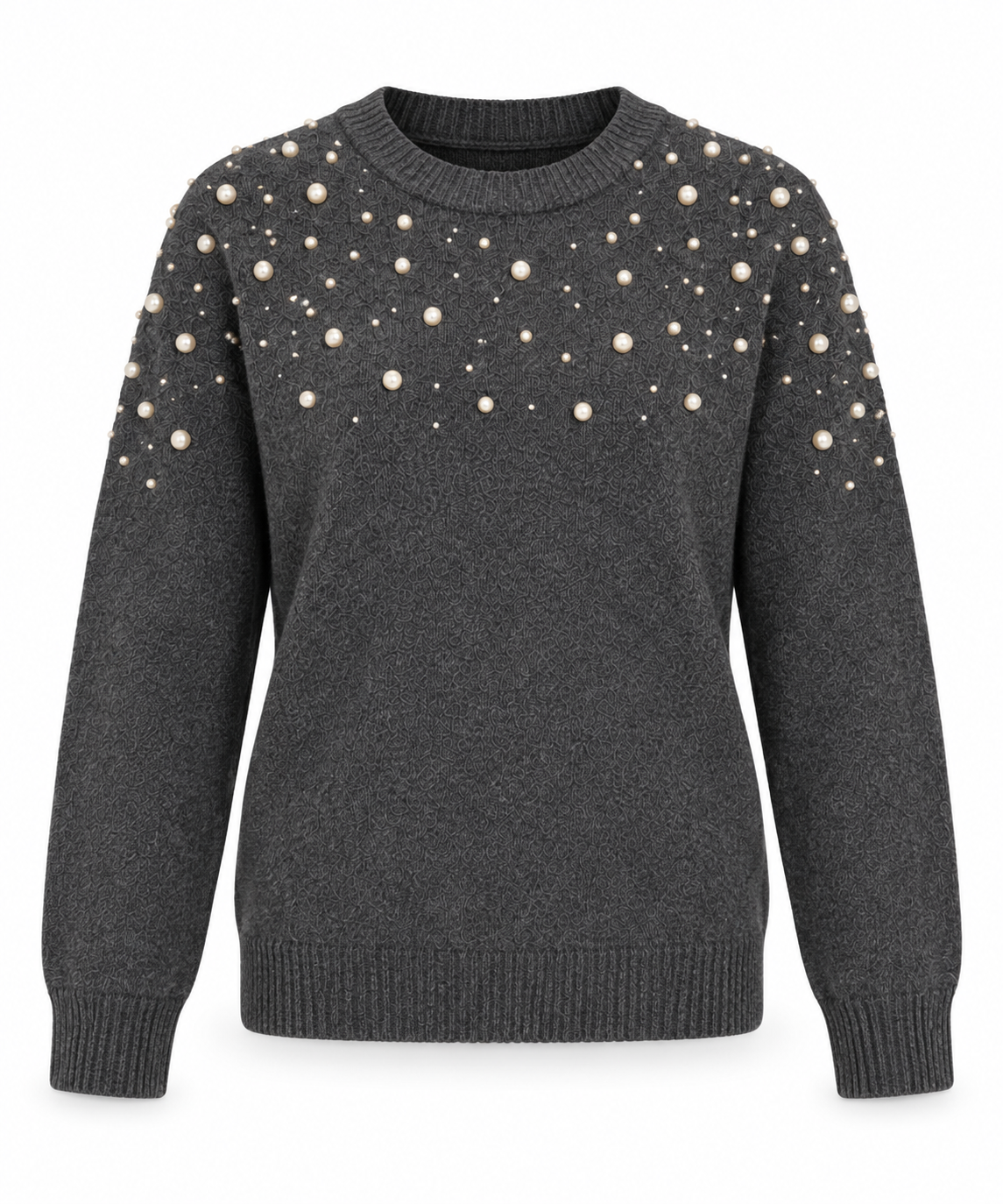  this F&F charcoal grey pearl embellished knit jumper in UK Size S. A soft, stylish long-sleeve sweater with elegant upper-chest detailing.