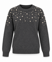  this F&F charcoal grey pearl embellished knit jumper in UK Size S. A soft, stylish long-sleeve sweater with elegant upper-chest detailing.
