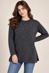 F&F Women Charcoal Grey Pearl Embellished Longline Jumper