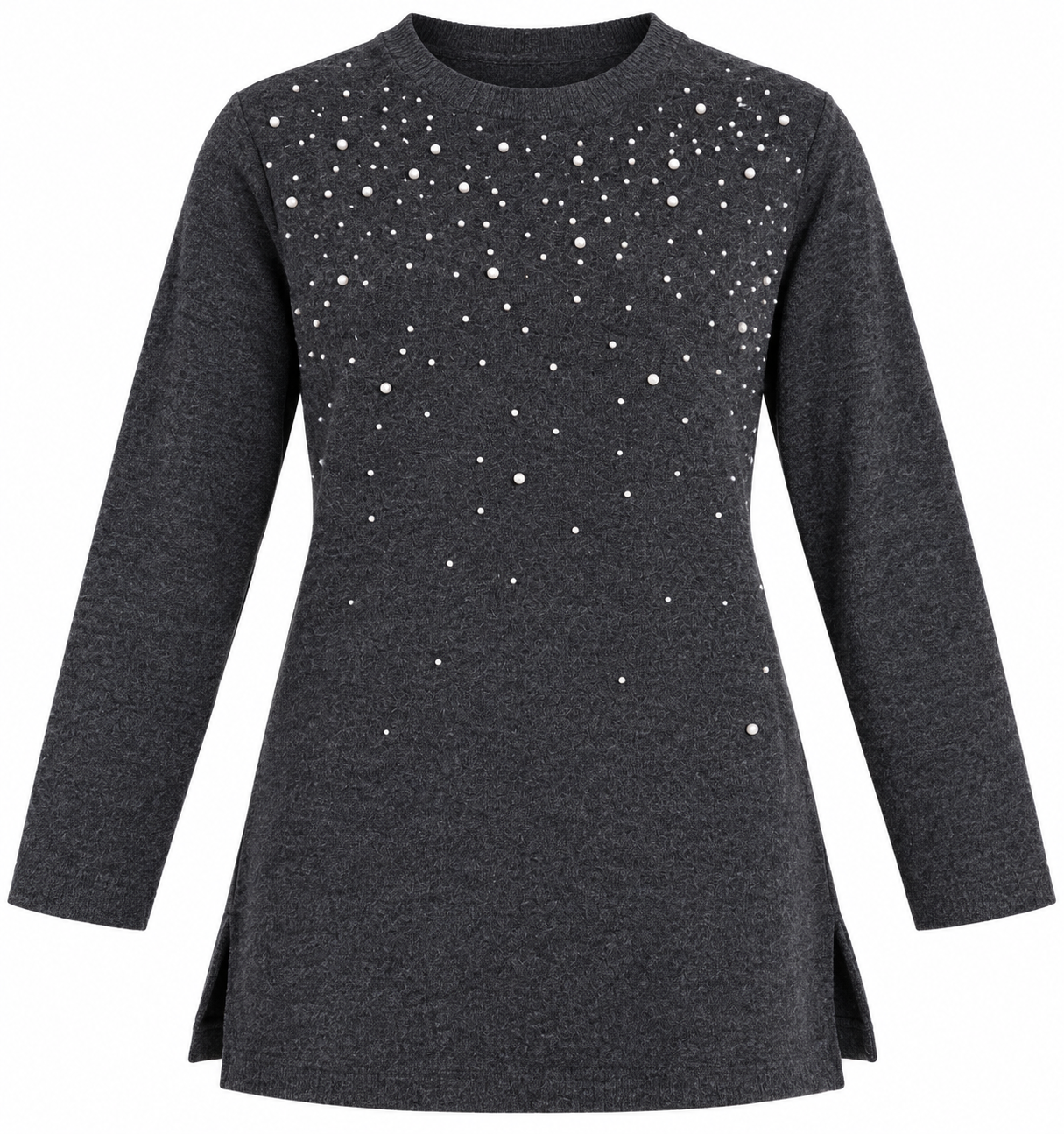 F&F women’s charcoal grey pearl embellished longline jumper in UK Size M. Stylish crew neck, long sleeves and side-split detail for everyday wear.
