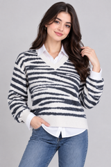 F&F Women Cream & Black Zebra Stripe V-Neck Knit Jumper