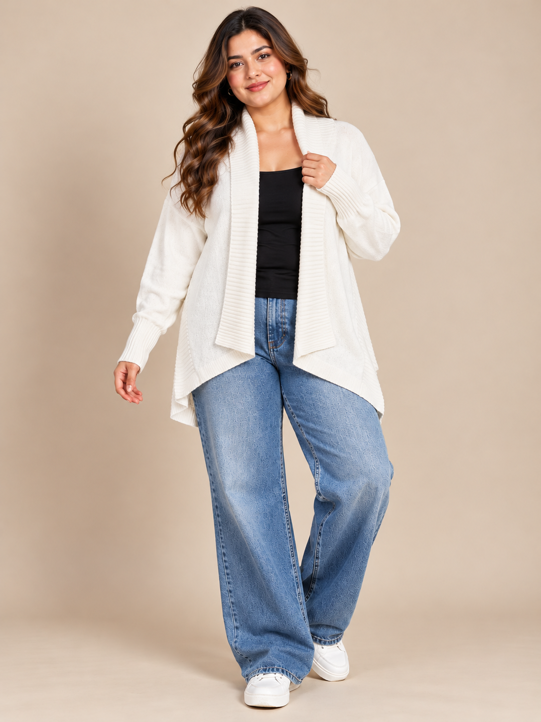 F&F Women's Cream Open Front Knitted Cardigan in UK Size 3XL. Stylish plus-size knitwear with ribbed shawl collar and relaxed fit.