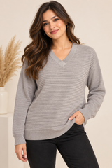 F&F Women Grey Ribbed V-Neck Jumper