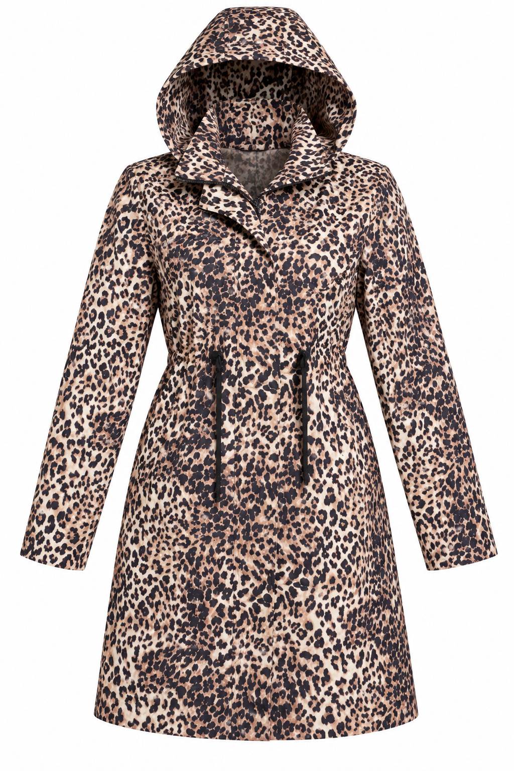 F&F women’s leopard print hooded long coat in UK Size XS. Stylish animal-print outerwear with long sleeves and an adjustable drawstring waist.