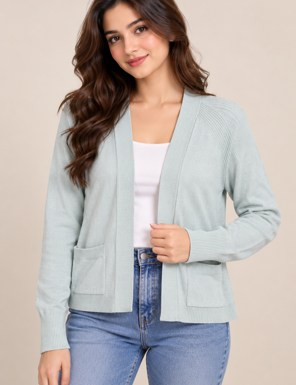 F&F women’s mint green open-front knitted cardigan in UK Size M. Soft knit with long sleeves, ribbed trims and front pockets for comfortable everyday layering.