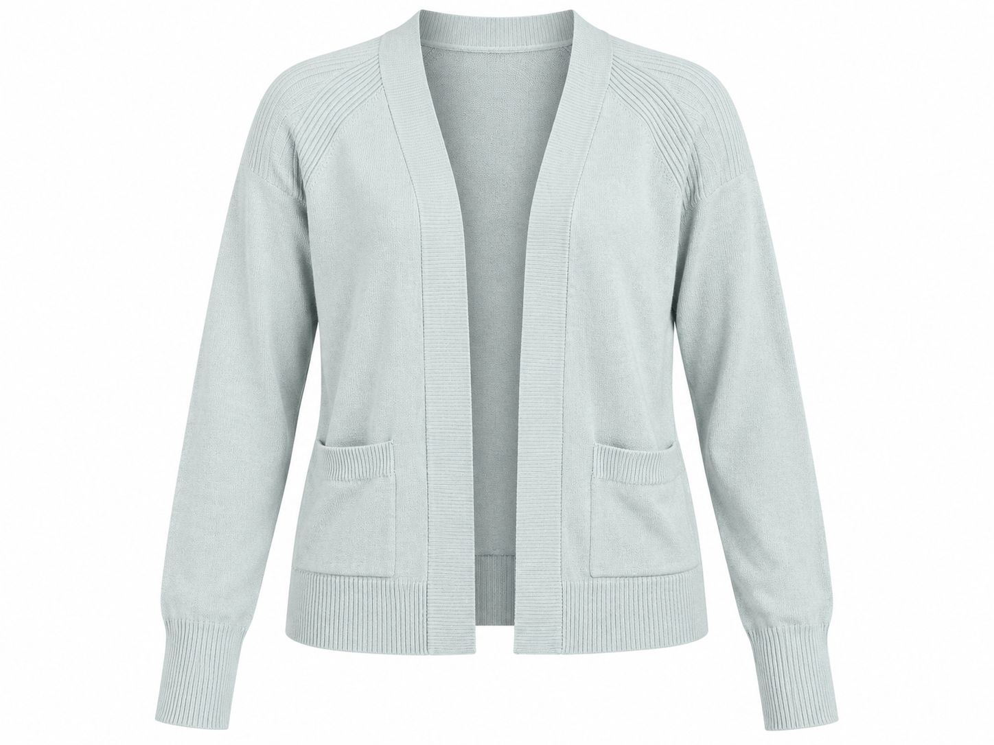 F&F women’s mint green open-front knitted cardigan in UK Size M. Soft knit with long sleeves, ribbed trims and front pockets for comfortable everyday layering.