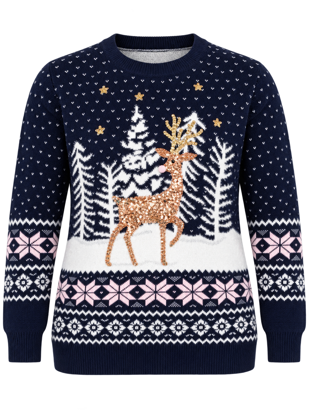 F&F Women's Navy Blue Christmas Reindeer Sequin Knitted Jumper in UK Size L. Cosy festive knitwear with snowflake patterns. Perfect for winter!