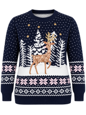 F&F Women's Navy Blue Christmas Reindeer Sequin Knitted Jumper in UK Size L. Cosy festive knitwear with snowflake patterns. Perfect for winter!