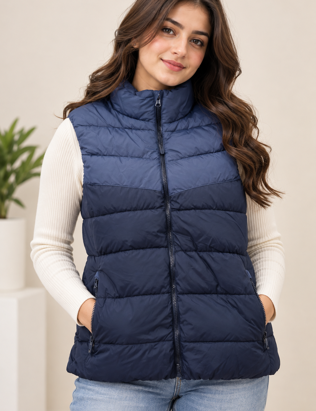 F&F Women’s Navy Blue Quilted Puffer Gilet in UK Size M. A stylish padded sleeveless vest with zip pockets, ideal for winter layering.