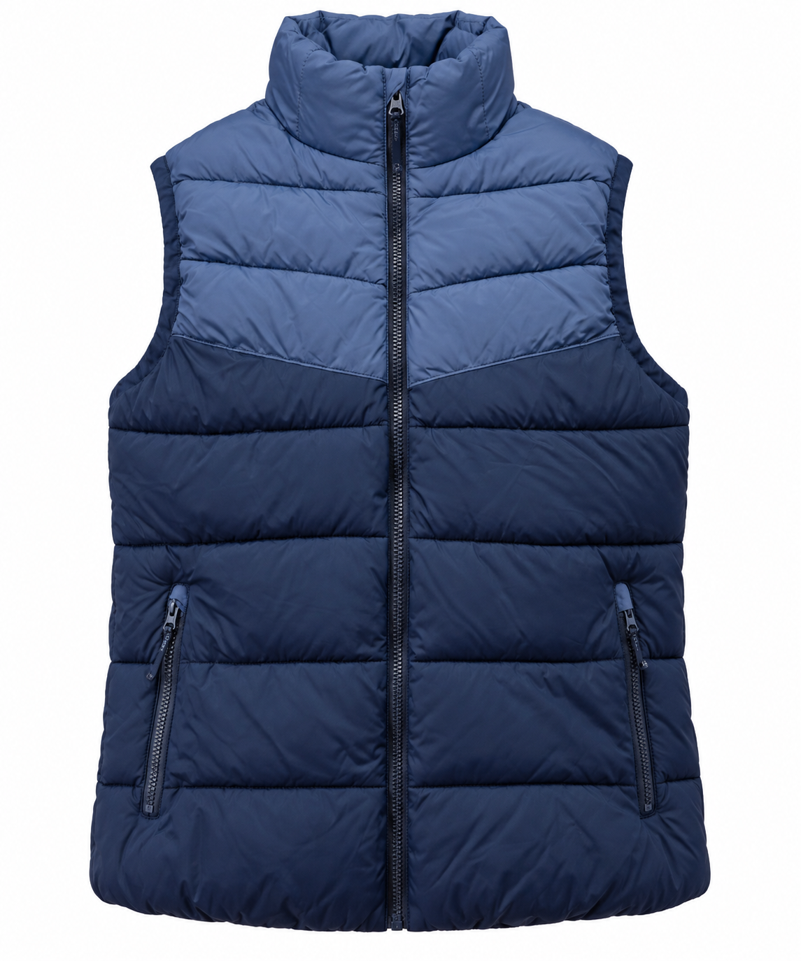  F&F Women’s Navy Blue Quilted Puffer Gilet in UK Size M. A stylish padded sleeveless vest with zip pockets, ideal for winter layering.