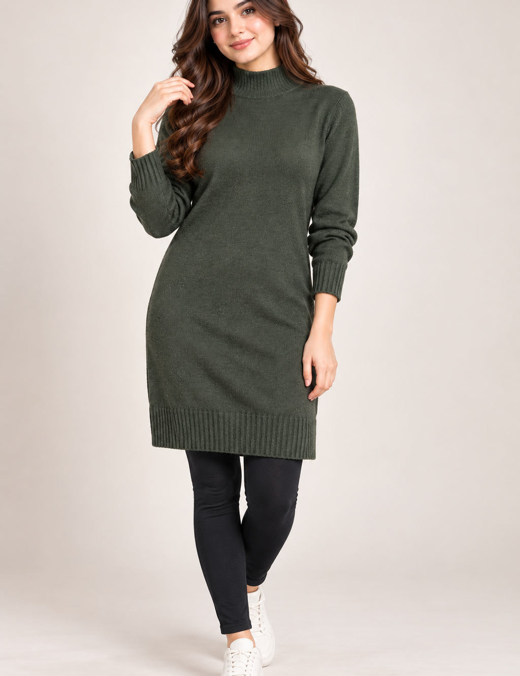 F&F Women’s Olive Green Knitted Sweater Dress in UK Size S. Stylish long-sleeve ribbed knit design, perfect for casual everyday wear and cooler seasons.