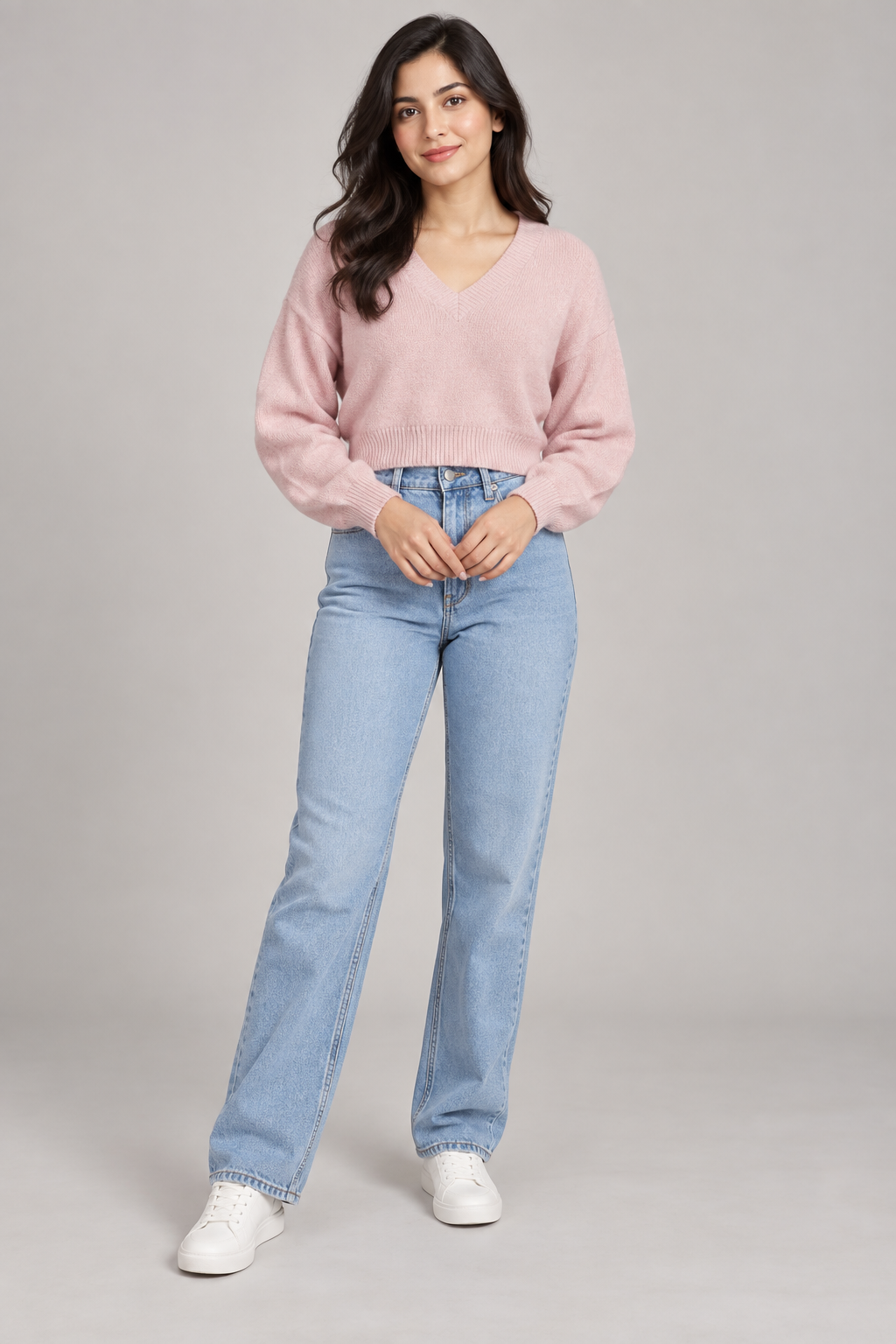   F&F pale pink cropped V-neck knit jumper in UK size M. Soft, stylish and easy to pair with jeans or skirts for everyday wear.