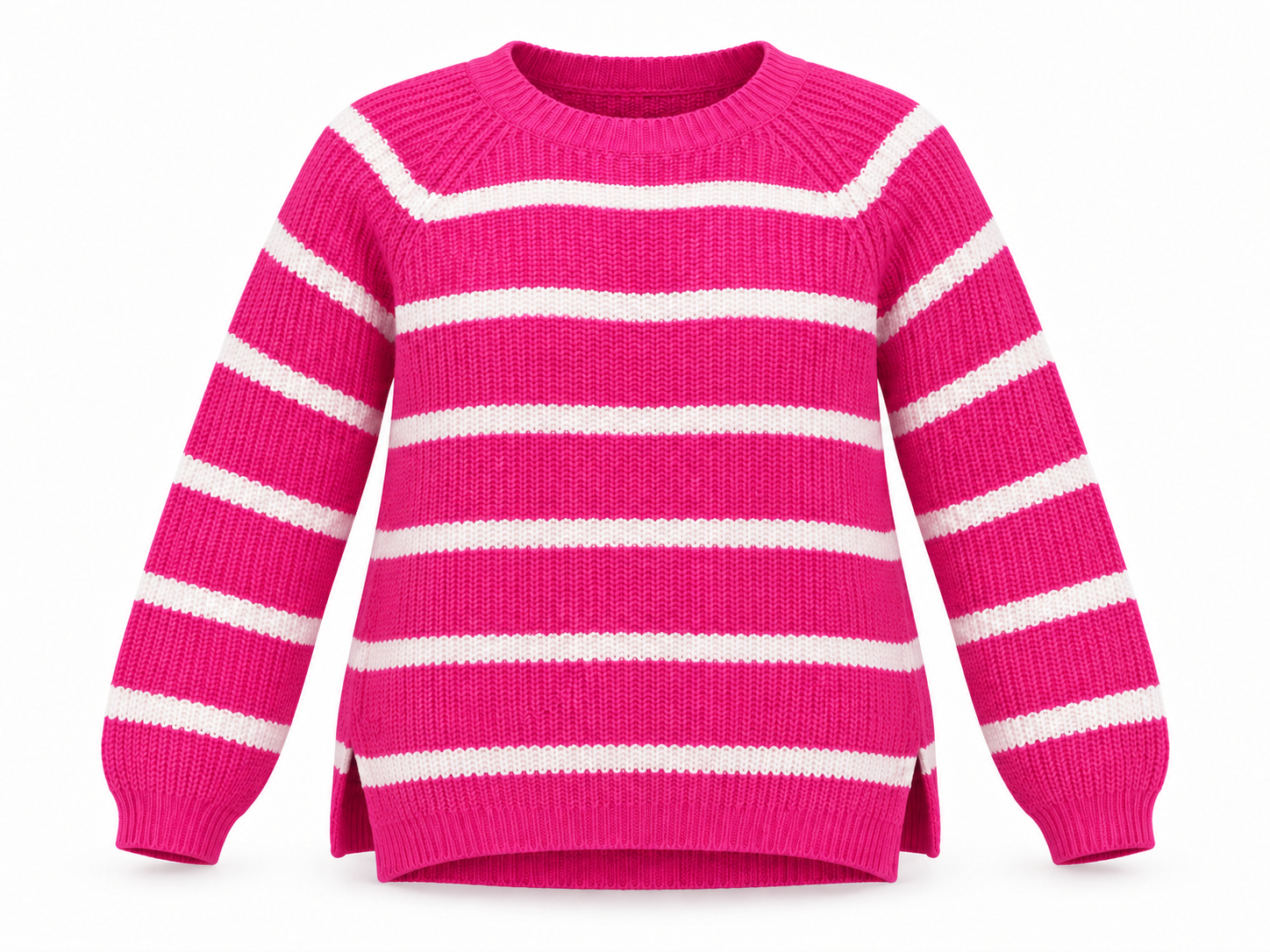   F&F women’s pink and cream striped knit sweater in UK size 14, featuring a round neck, long sleeves, ribbed trims and side slits.