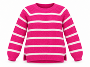   F&F women’s pink and cream striped knit sweater in UK size 14, featuring a round neck, long sleeves, ribbed trims and side slits.
