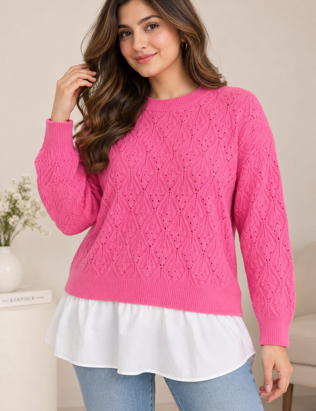  F&F women’s pink textured knit layered jumper in UK Size XL. Stylish white shirt hem, long sleeves and comfortable knit design for everyday wear.