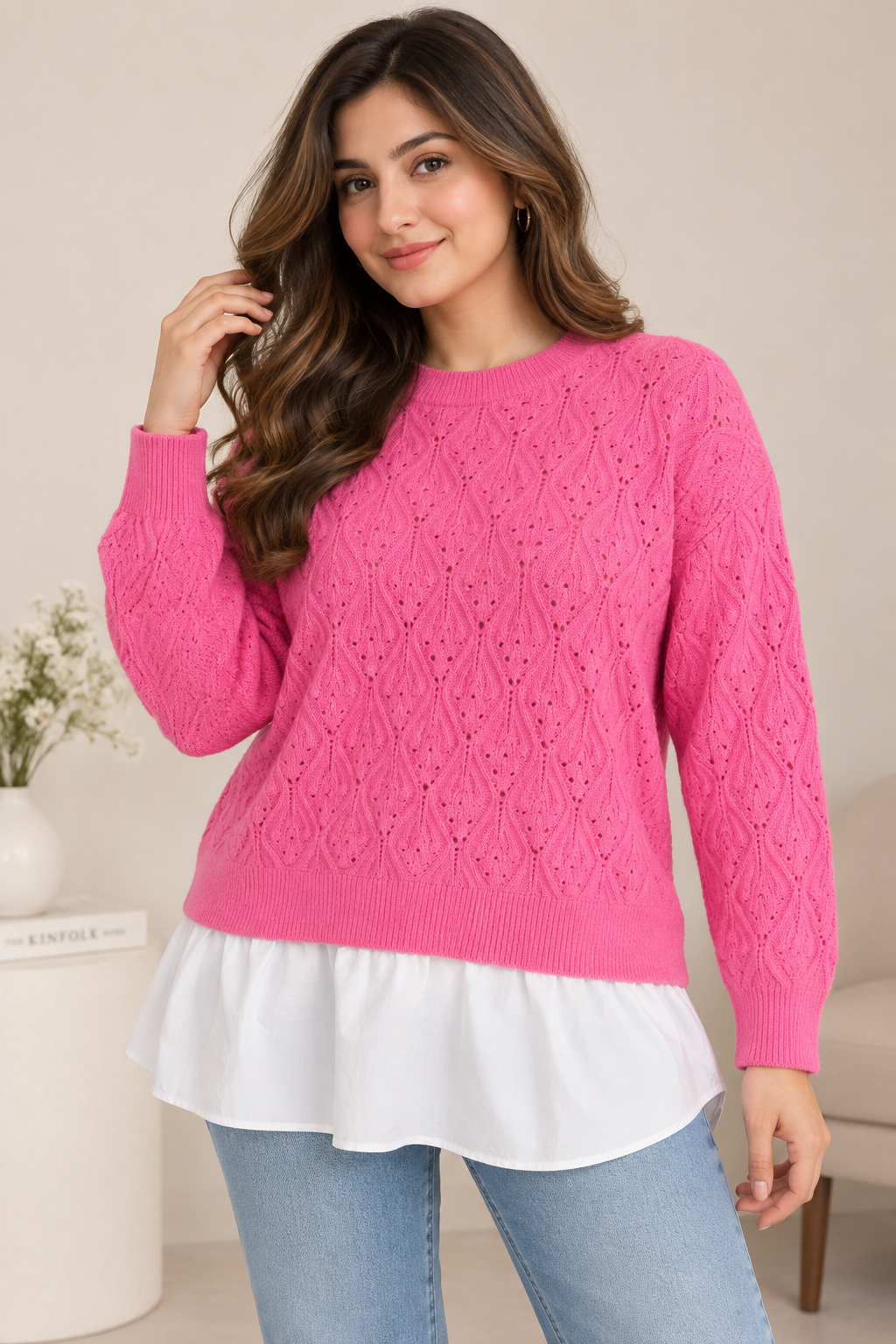  F&F women’s pink textured knit layered jumper in UK Size XL. Stylish white shirt hem, long sleeves and comfortable knit design for everyday wear.
