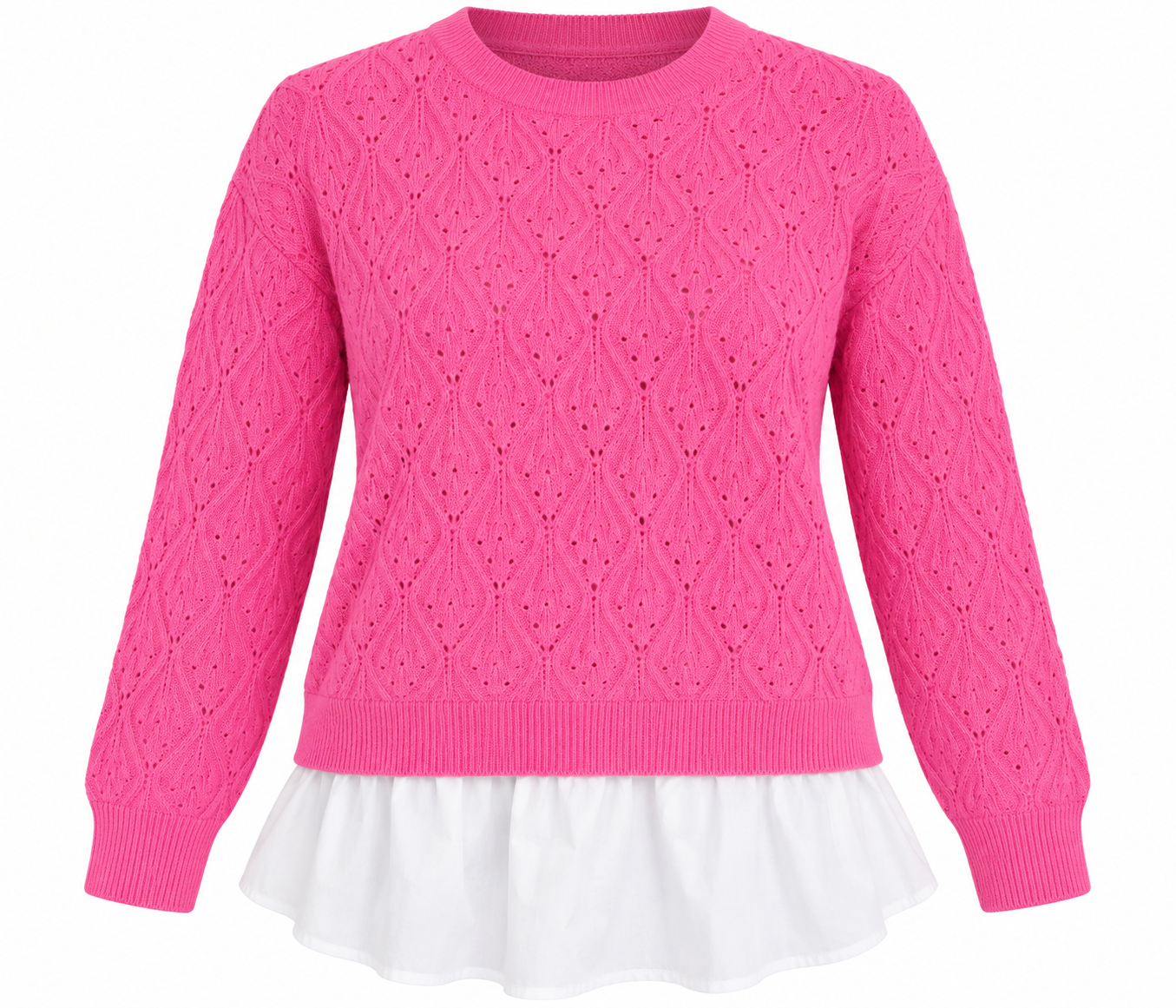  F&F women’s pink textured knit layered jumper in UK Size XL. Stylish white shirt hem, long sleeves and comfortable knit design for everyday wear.