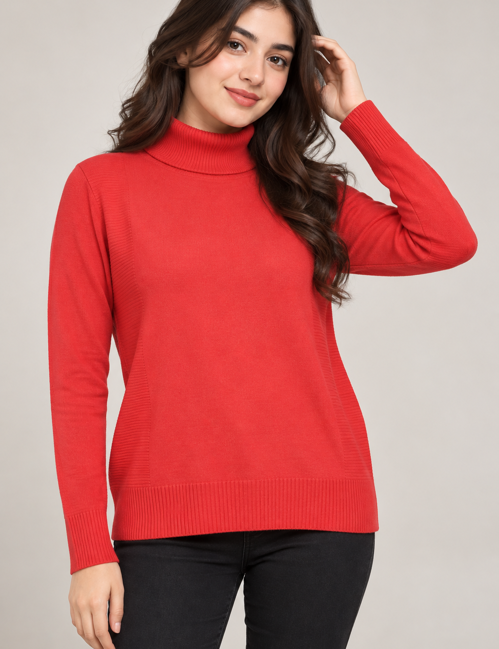 F&F women’s red turtleneck jumper in UK Size L. Stylish long-sleeve knit sweater with ribbed details in 4-star very good condition.