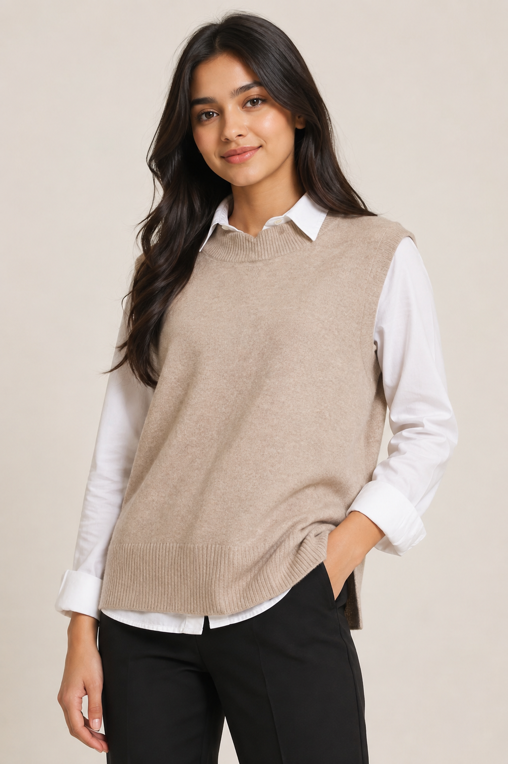 F&F women’s beige high neck sleeveless knitted jumper vest in UK size 18. A stylish and versatile layering piece for smart, casual and everyday outfits.