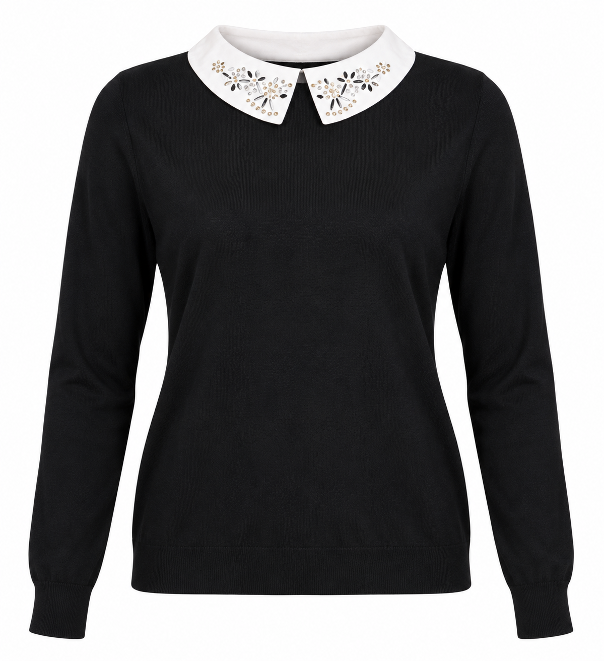  F&F women’s black embellished collar jumper in UK Size M. Stylish long sleeves, white Peter Pan collar and versatile smart-casual design.