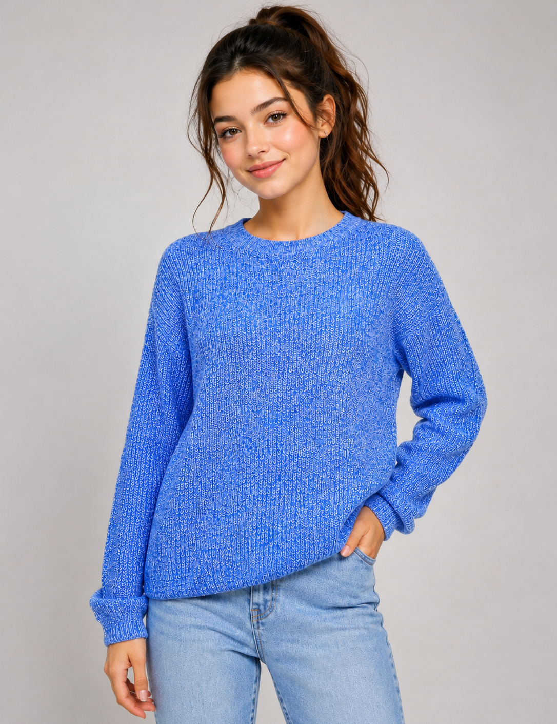 F&F Women’s Blue Textured Knit Jumper in UK Size 12. Stylish crew neck design, long sleeves and textured knit finish, perfect for casual everyday outfits.