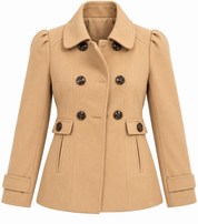  F&F women’s camel double-breasted tailored coat in UK Size 12. Elegant collared design with statement buttons and pockets, ideal for winter wear.