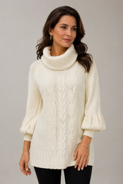 F&F women’s cream cable knit cowl neck jumper in UK Size 22. Cosy design with balloon sleeves, perfect for stylish winter outfits.