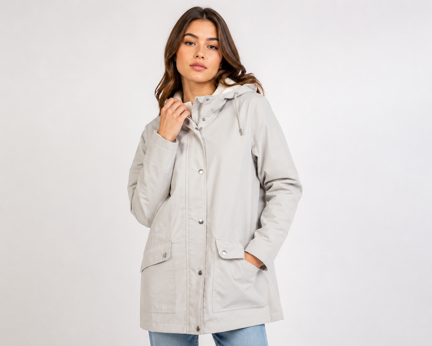  F&F women’s light grey hooded parka jacket in UK XS. Features snap-button fastening, drawstring hood, long sleeves and practical pockets