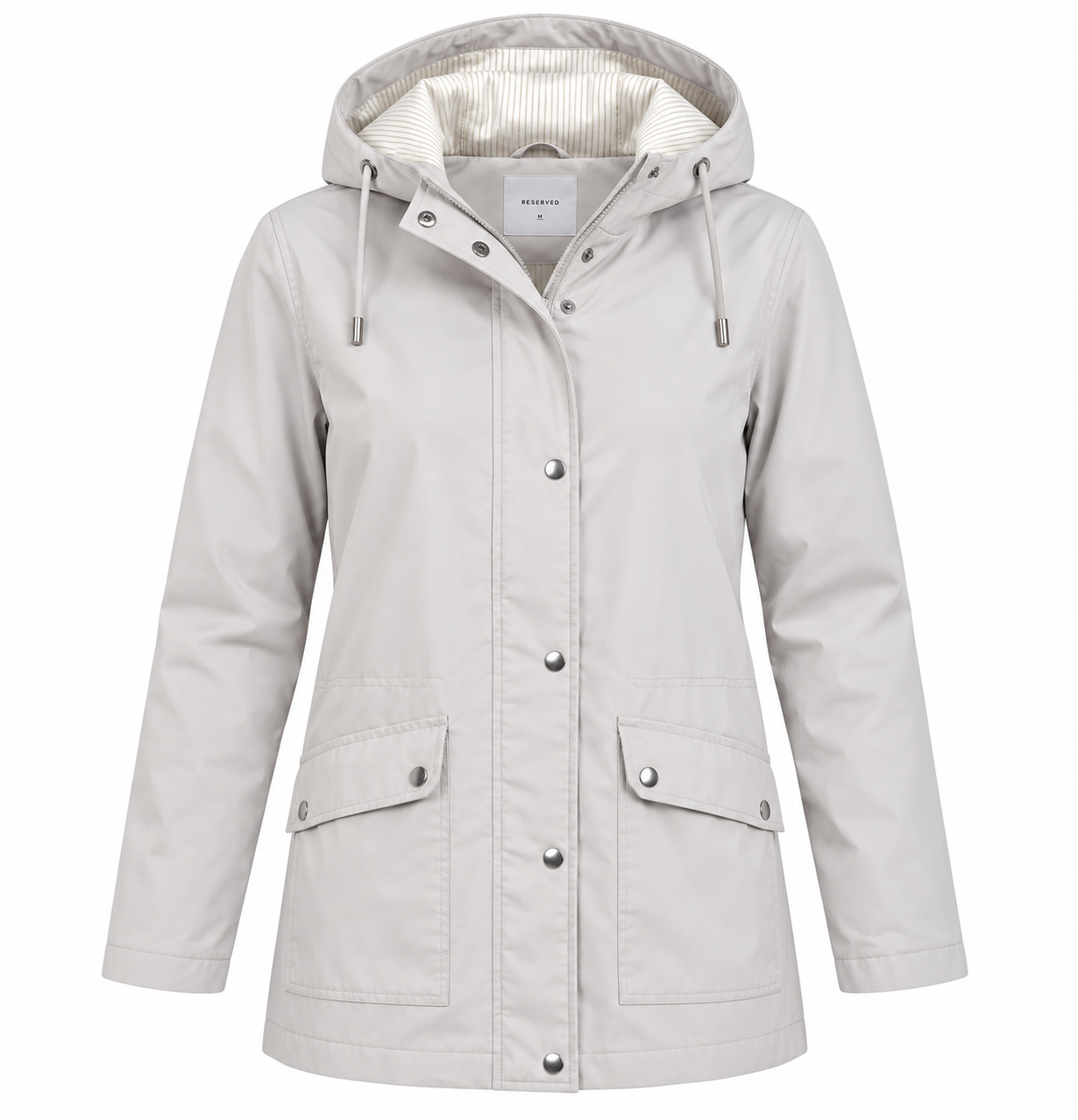  F&F women’s light grey hooded parka jacket in UK XS. Features snap-button fastening, drawstring hood, long sleeves and practical pockets.