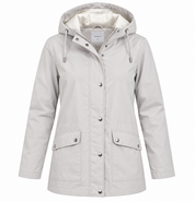  F&F women’s light grey hooded parka jacket in UK XS. Features snap-button fastening, drawstring hood, long sleeves and practical pockets.