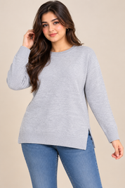  F&F women’s light grey knit jumper in UK size 12, featuring a round neck, long sleeves, ribbed trims, side slits and stylish back zip detail.