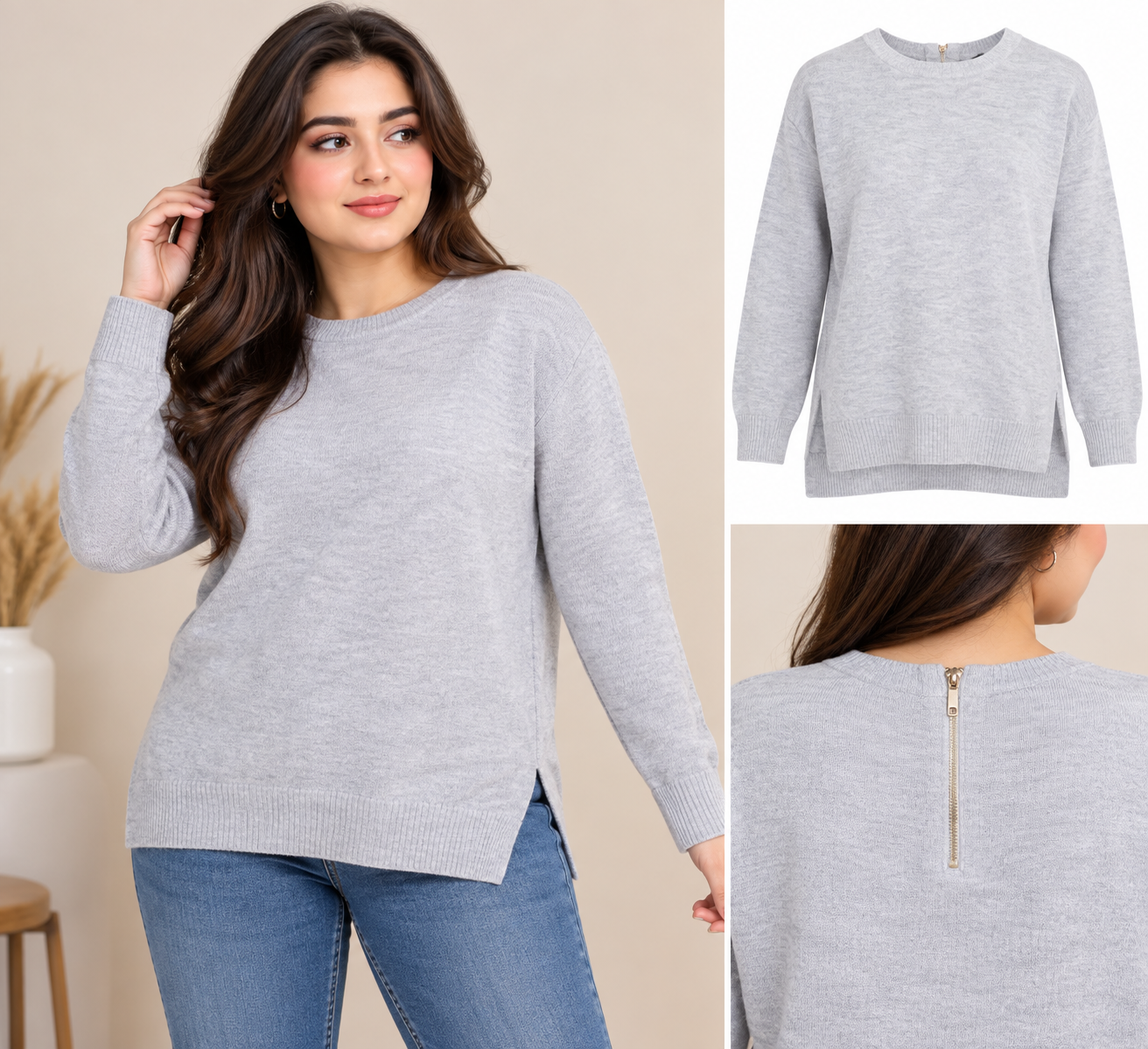 F&F women’s light grey knit jumper in UK size 12, featuring a round neck, long sleeves, ribbed trims, side slits and stylish back zip detail.