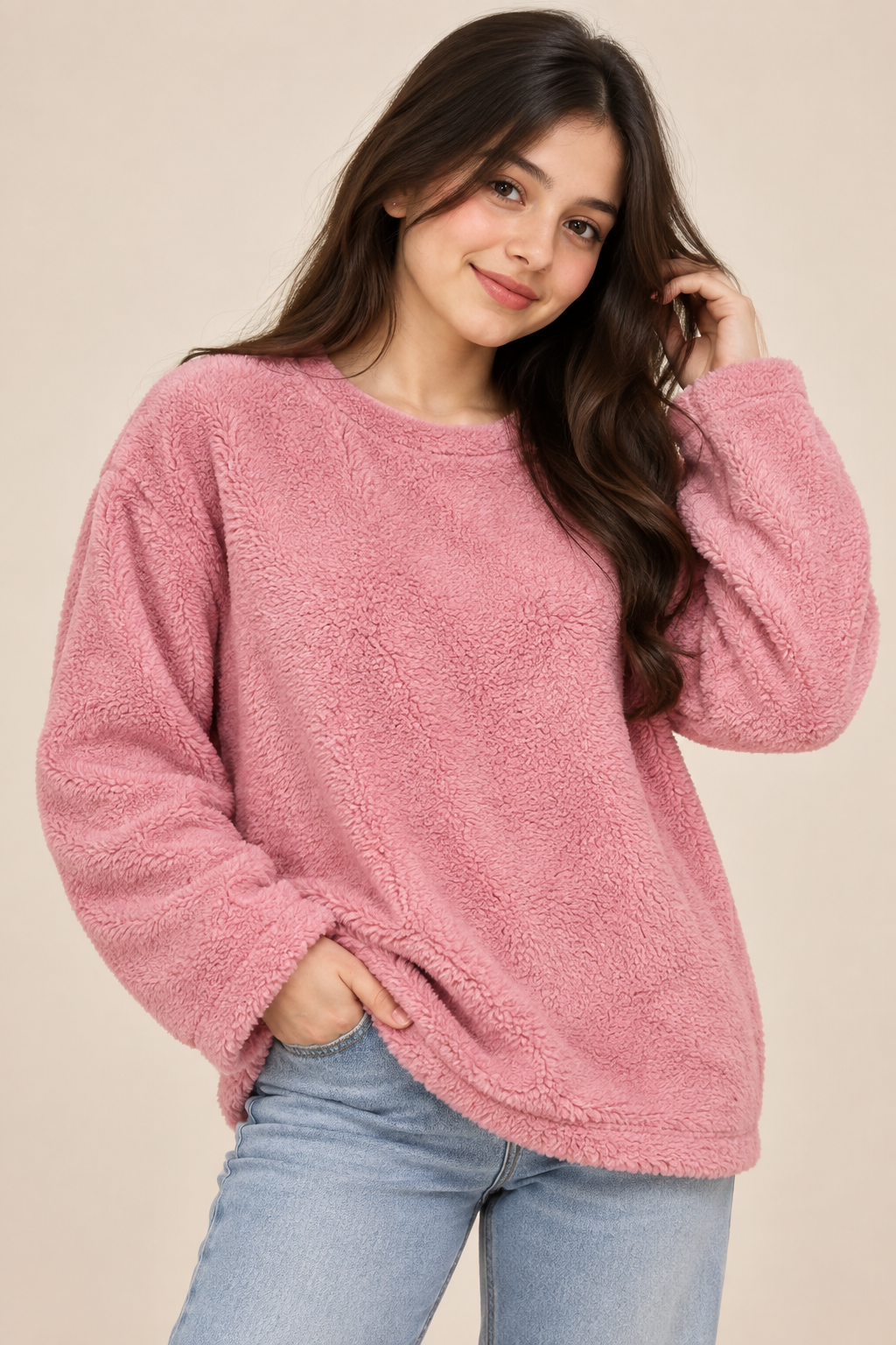  F&F Women’s Pink Teddy Fleece Jumper in UK Size M. Soft, fluffy and cozy sherpa-style pullover, perfect for casual autumn and winter wear.