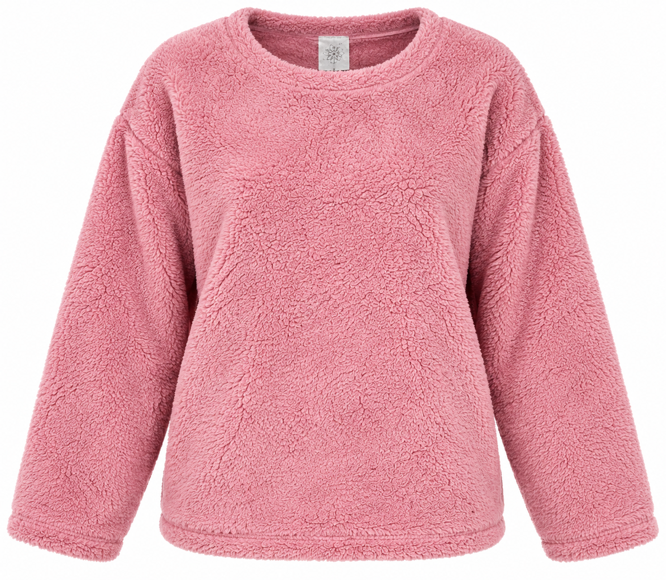  F&F Women’s Pink Teddy Fleece Jumper in UK Size M. Soft, fluffy and cozy sherpa-style pullover, perfect for casual autumn and winter wear.
